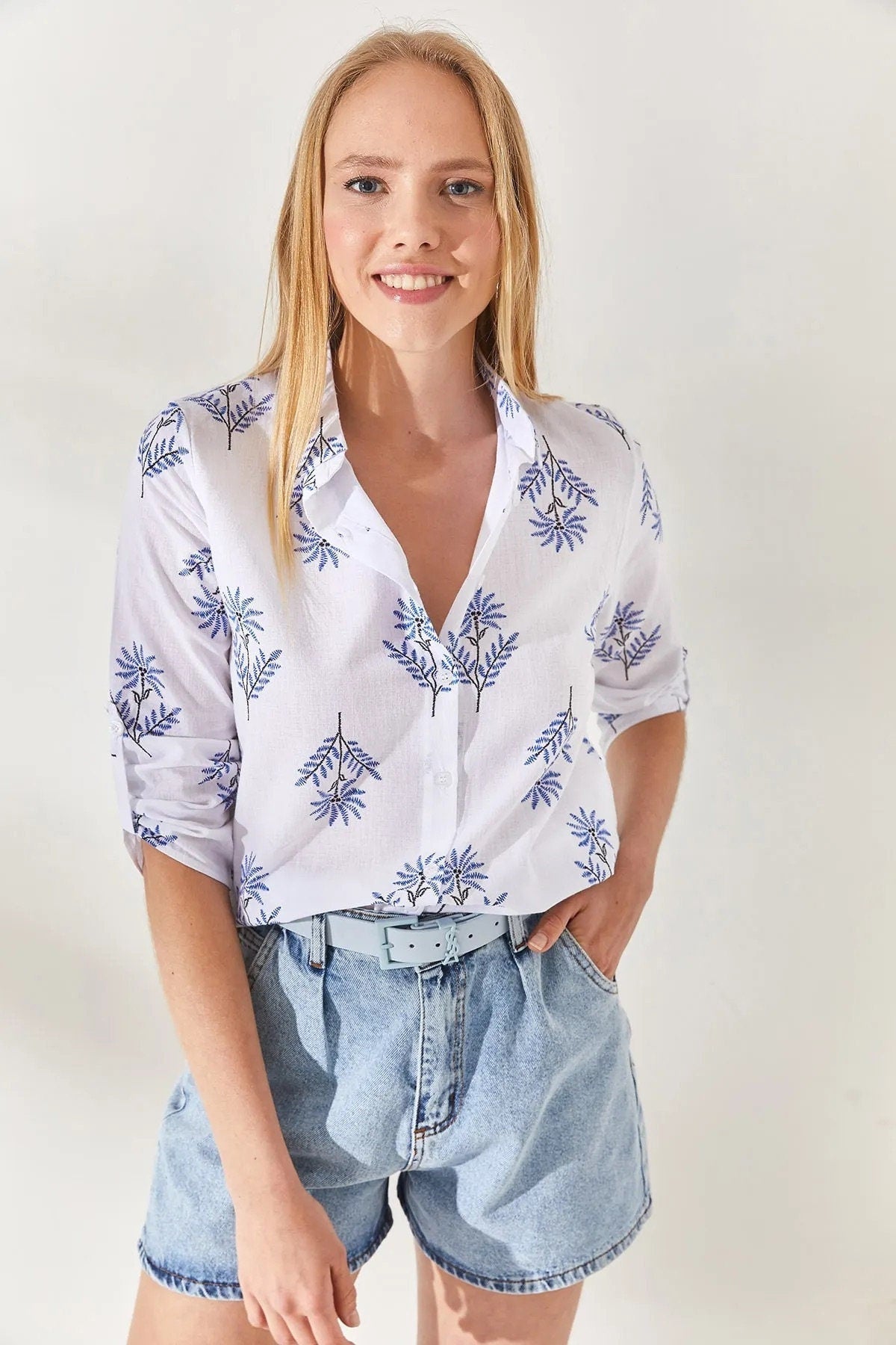 Blue Floral Designer White Linen Blouse