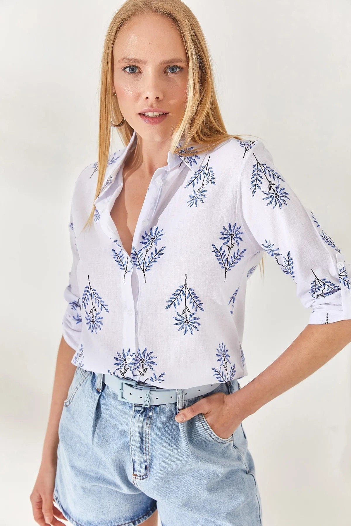 Blue Floral Designer White Linen Blouse