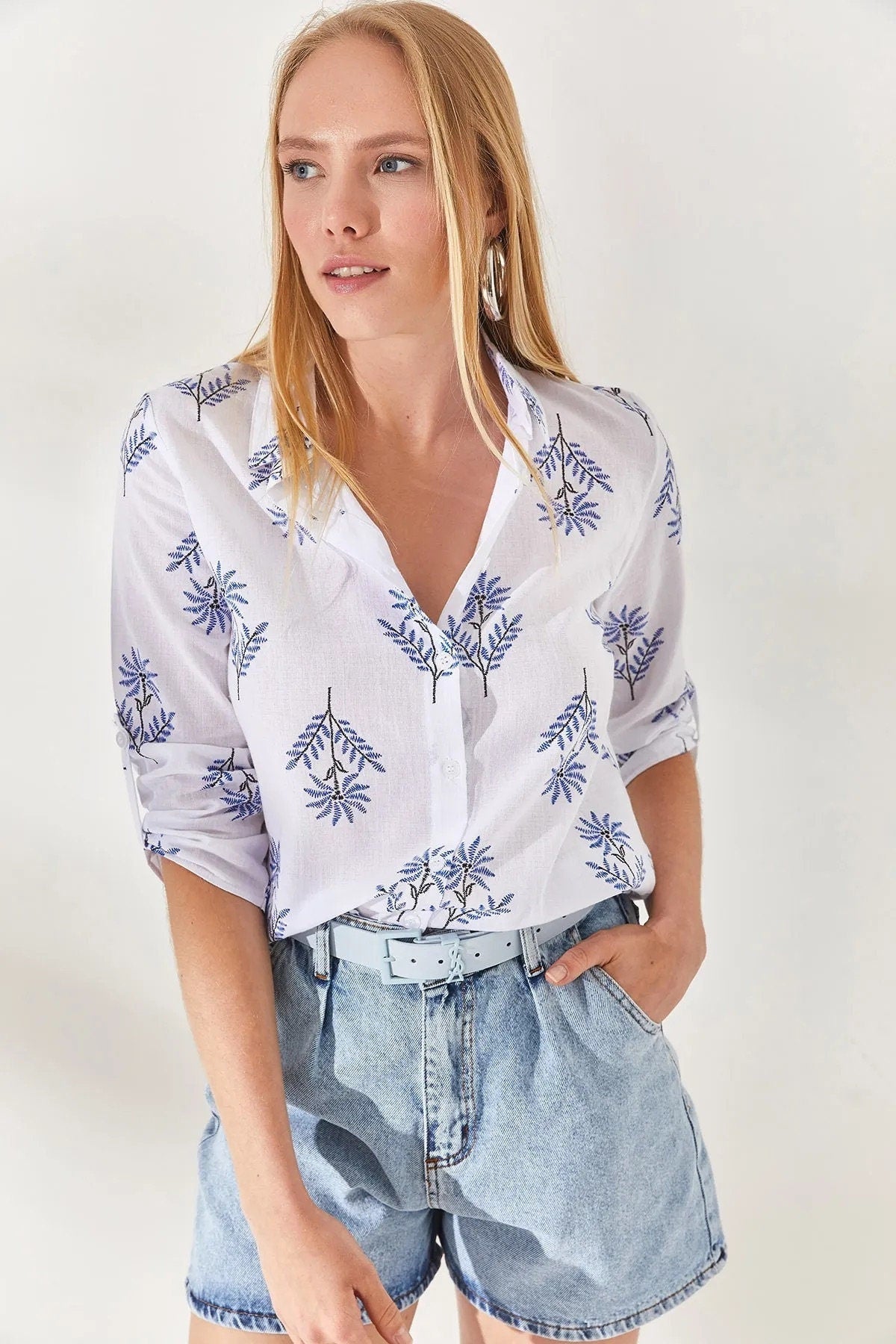 Blue Floral Designer White Linen Blouse