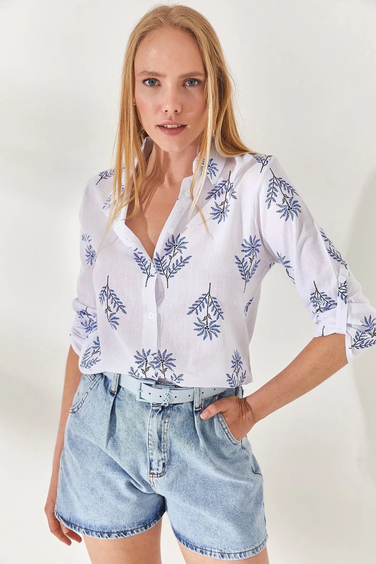 Blue Floral Designer White Linen Blouse