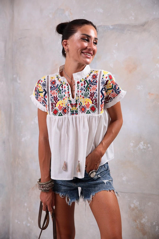 Mexican Fiesta Embroidered Cotton Top