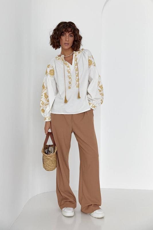 Gold Bird Floral Embroidered Cotton Blouse