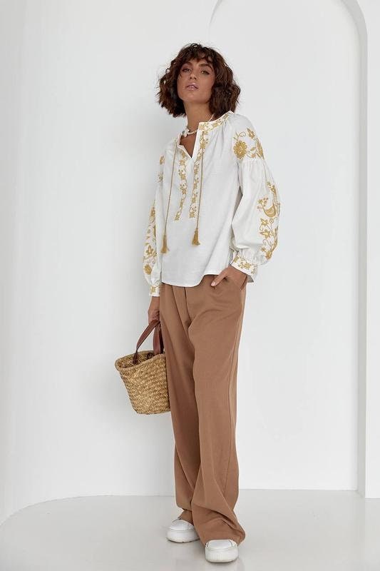 Gold Bird Floral Embroidered Cotton Blouse