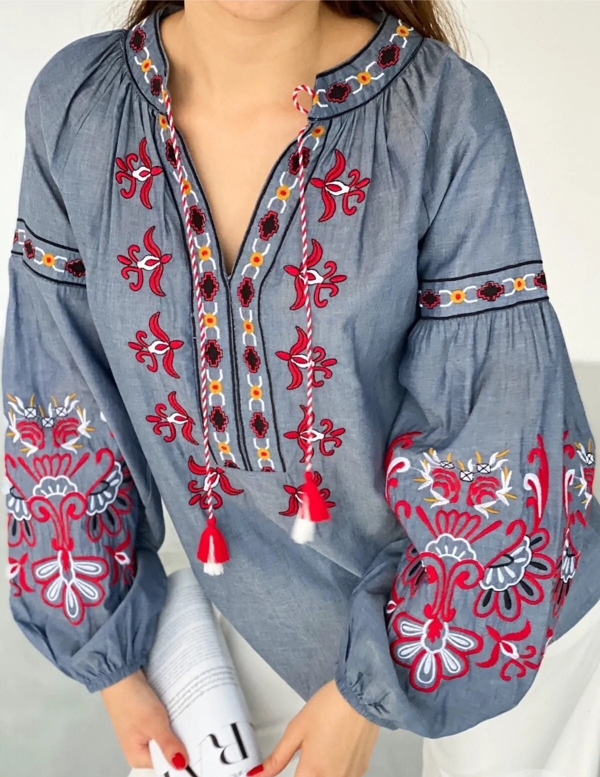 Bohemian Ethnic Ukrainian Cotton Vyshyvanka Blouse