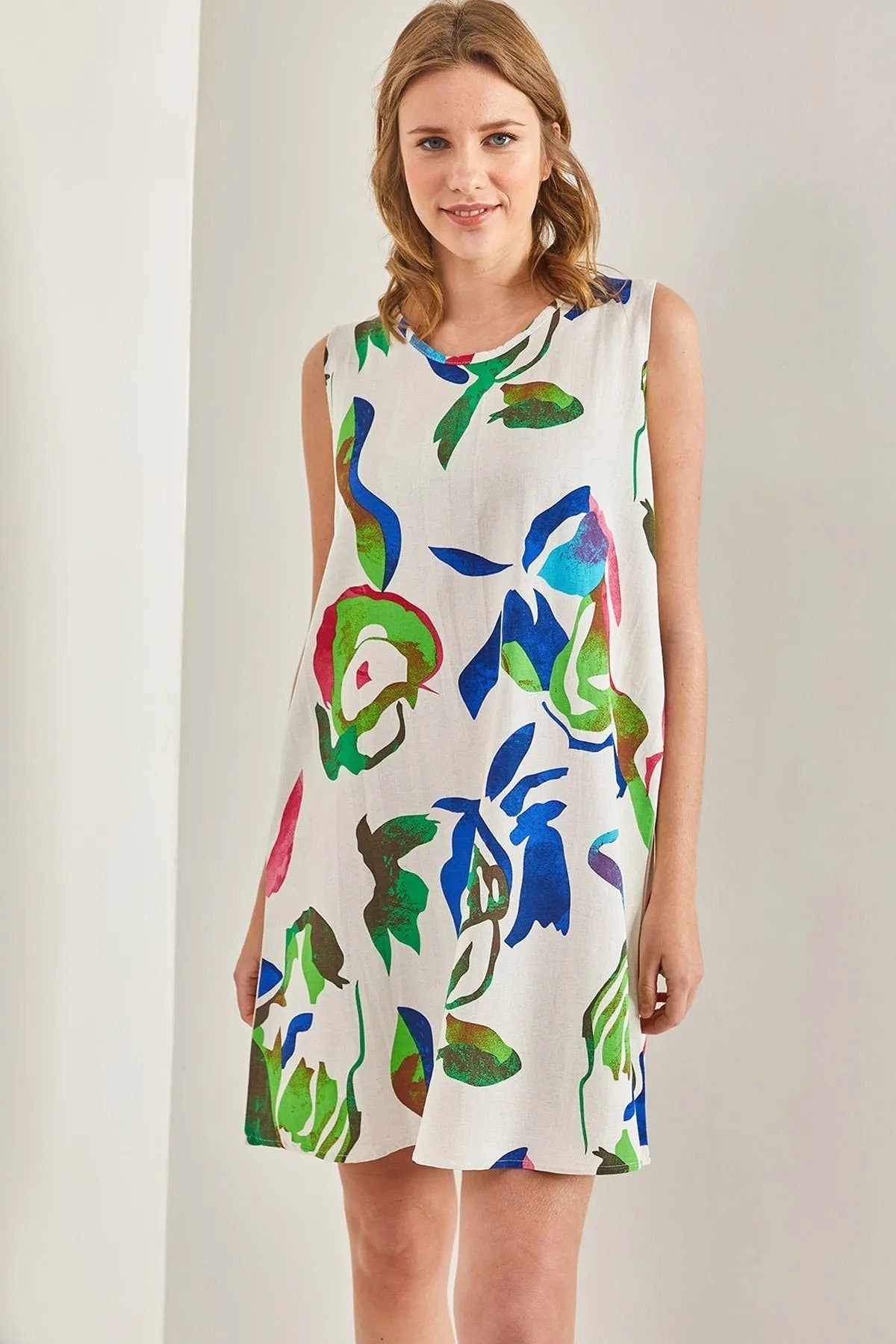 Leaf Print Designer Linen Dress