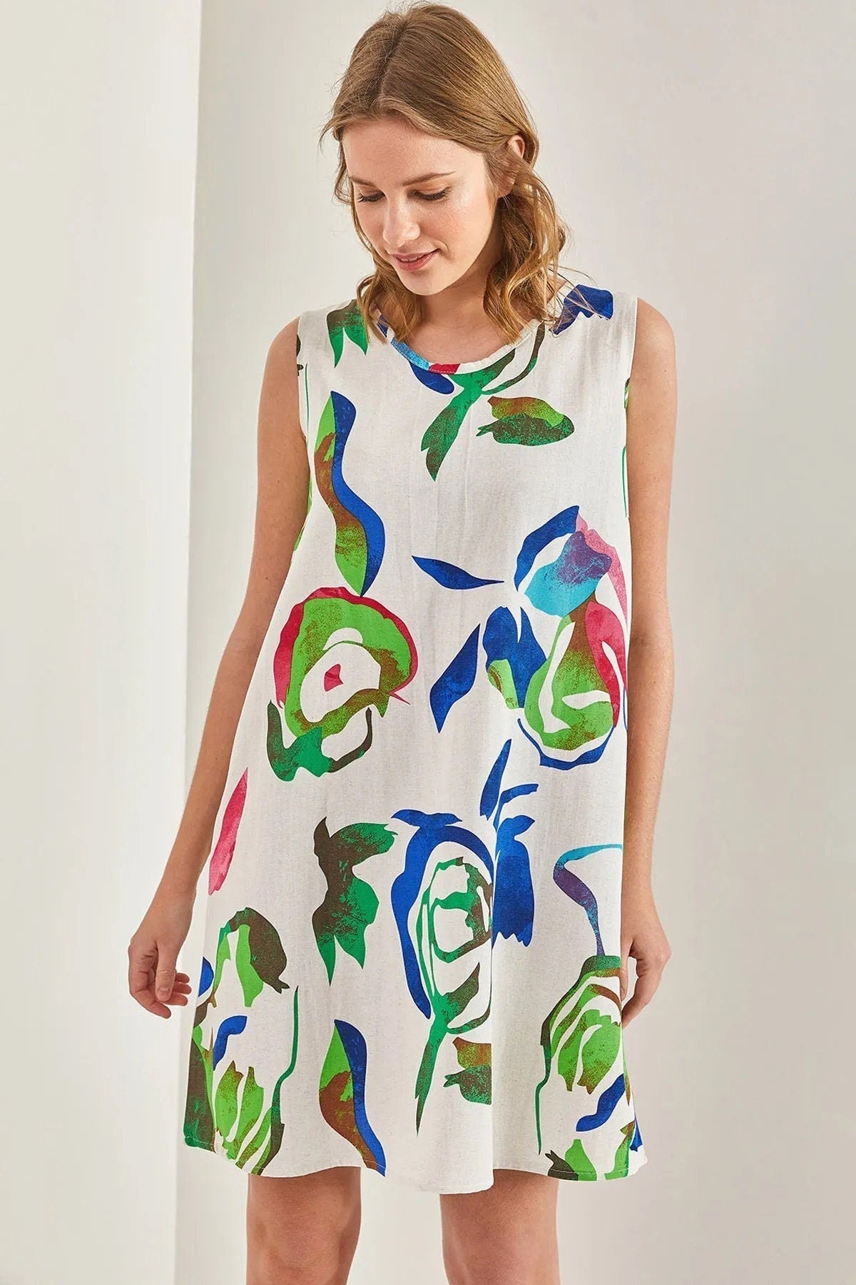 Leaf Print Designer Linen Dress