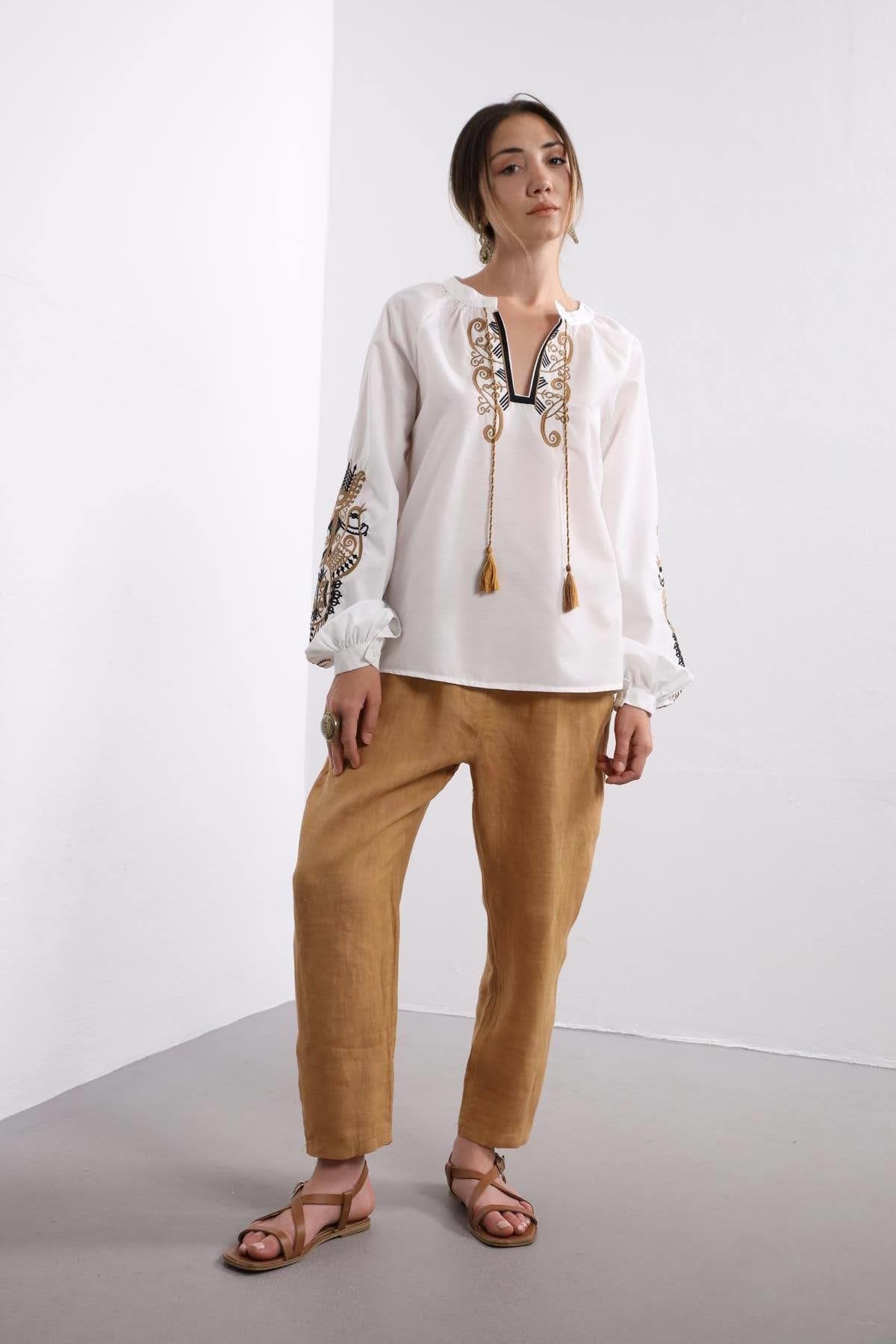 Gold Embroidered Ethnic Poplin Blouse