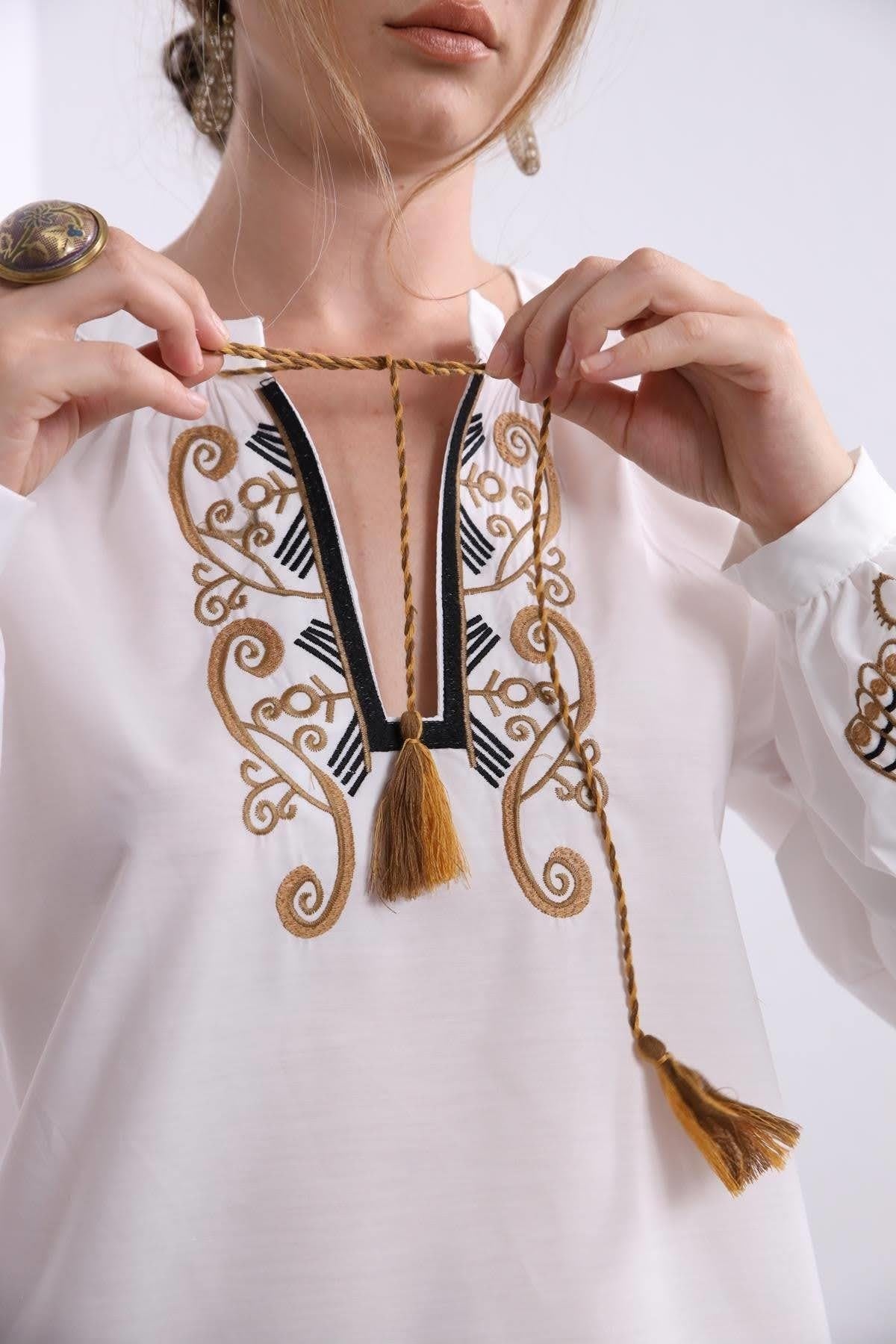 Gold Embroidered Ethnic Poplin Blouse