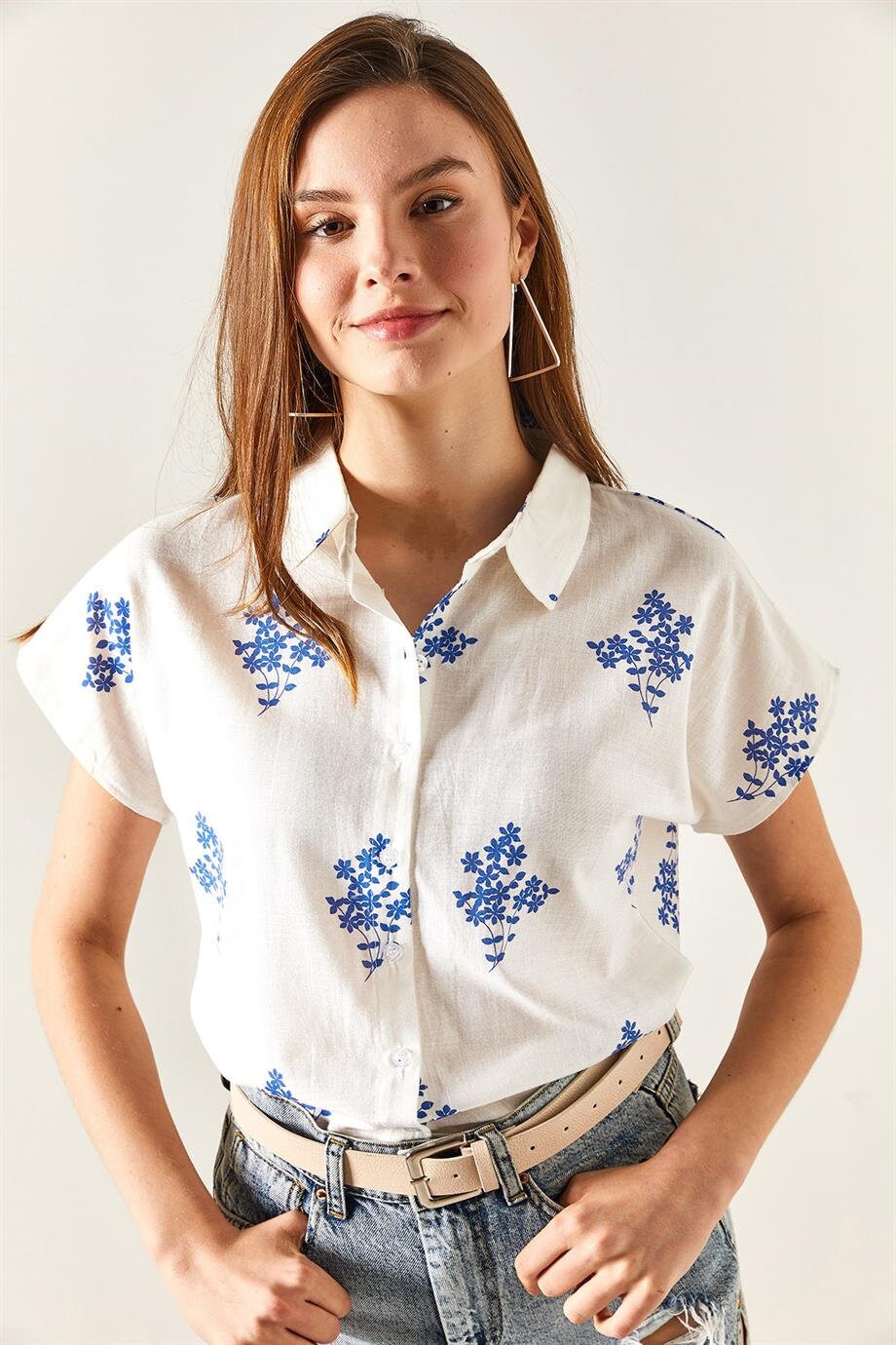 Designer Floral Linen Short Sleeve Blouse