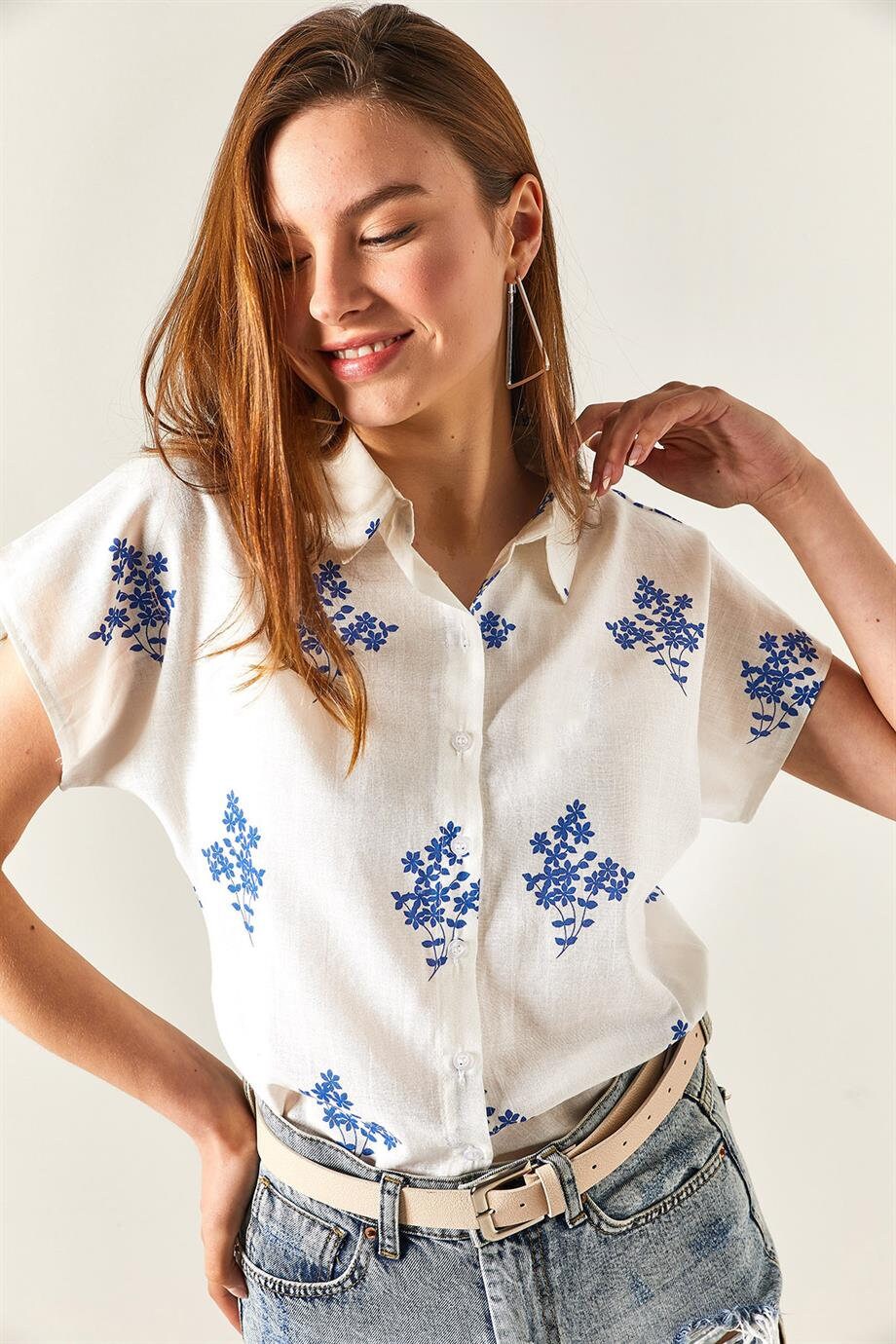 Designer Floral Linen Short Sleeve Blouse