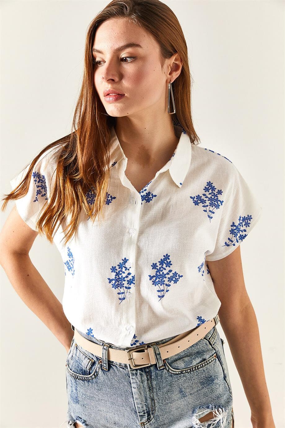 Designer Floral Linen Short Sleeve Blouse