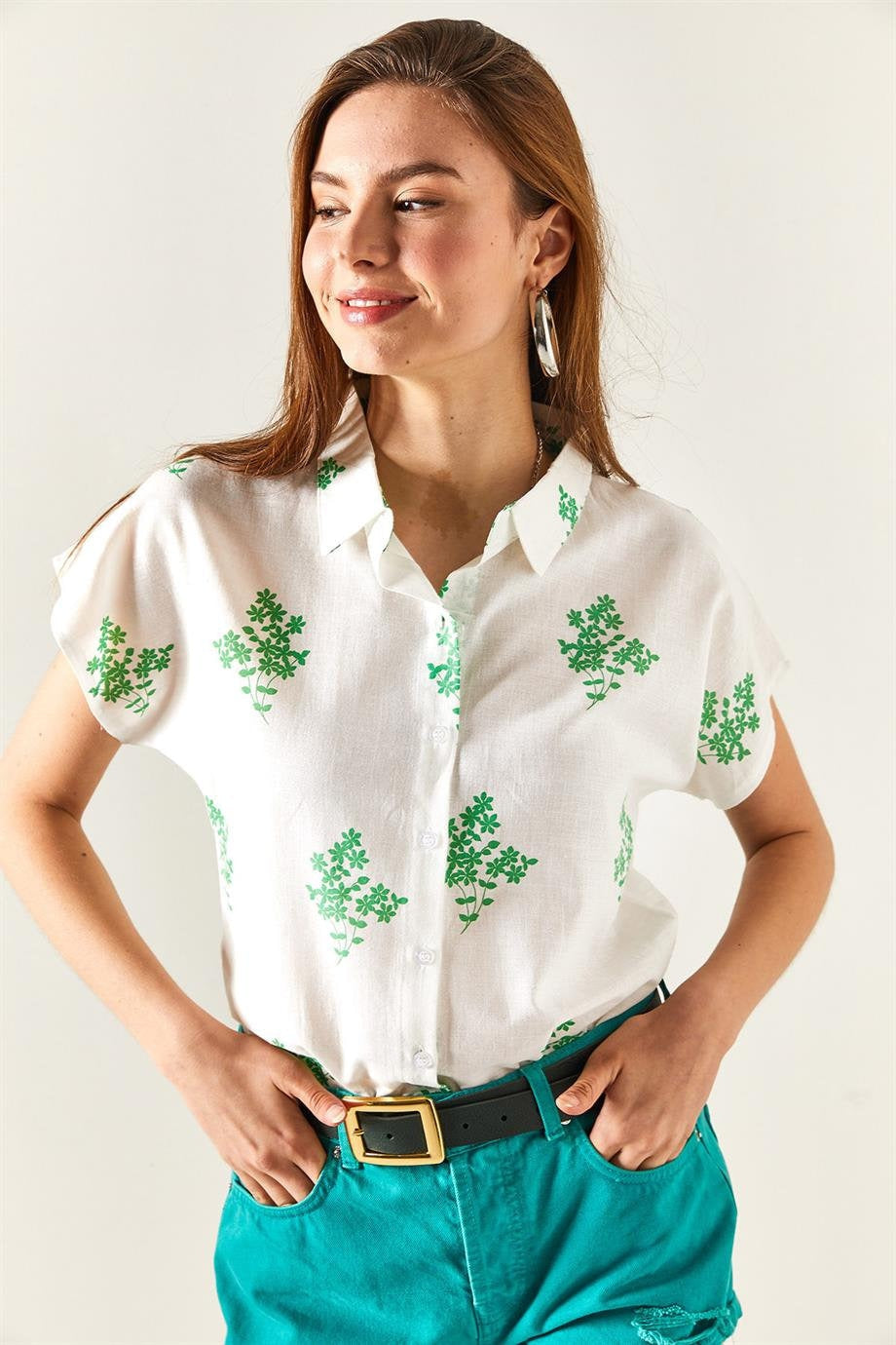 Designer Floral Linen Short Sleeve Blouse