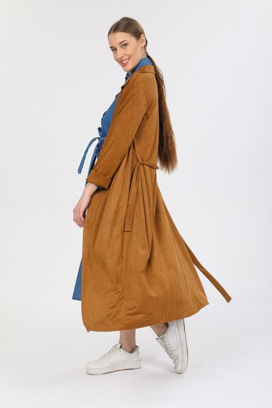 Designer Suede Leather Camel Trench Coat