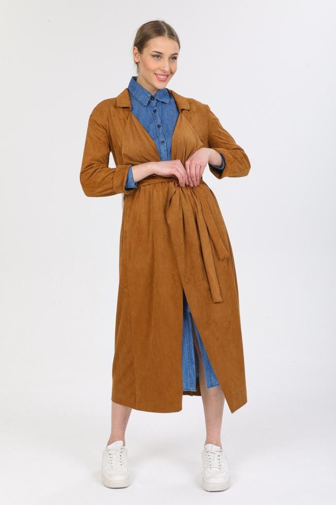 Designer Suede Leather Camel Trench Coat