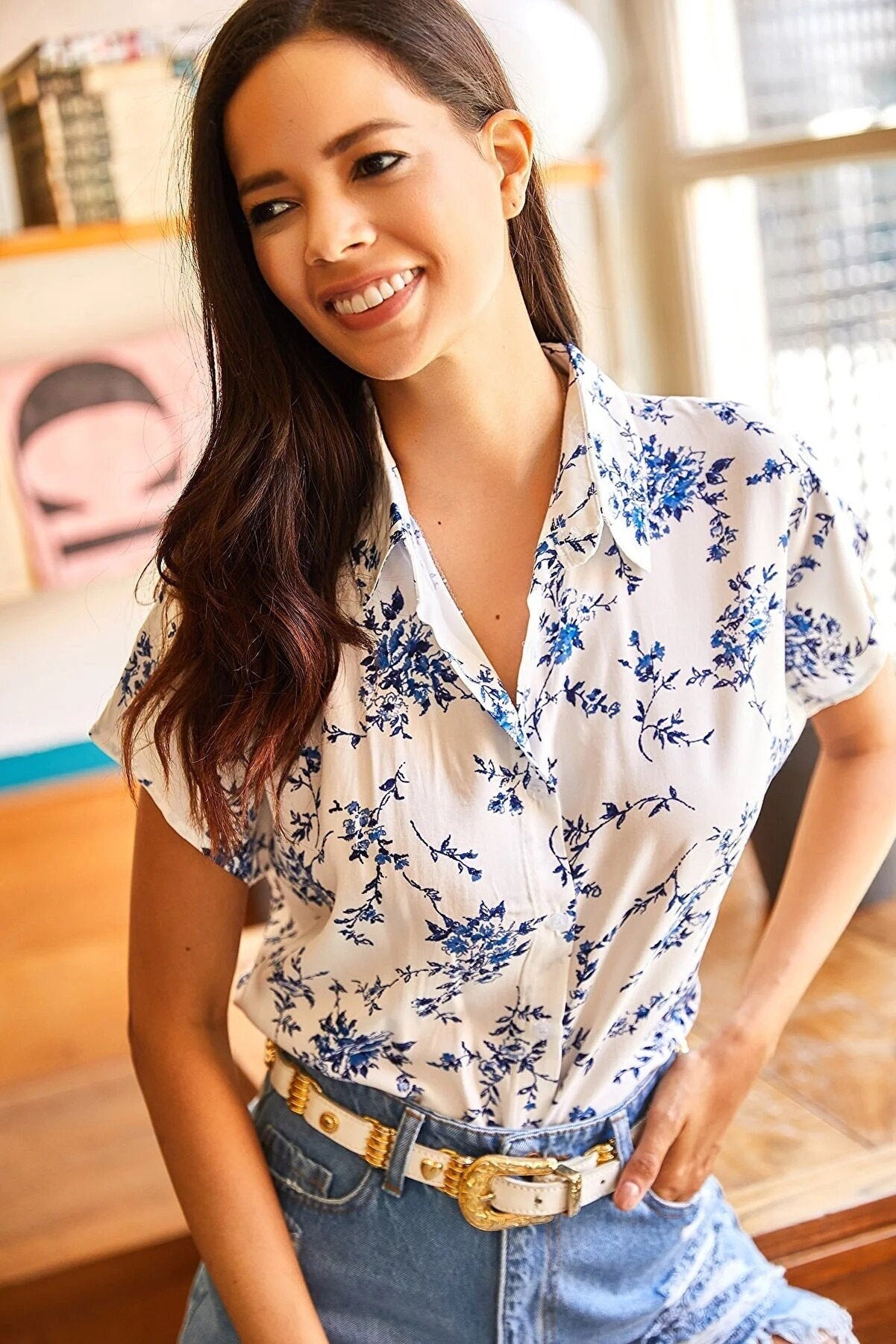 Mini Blue Floral Short Sleeve Blouse