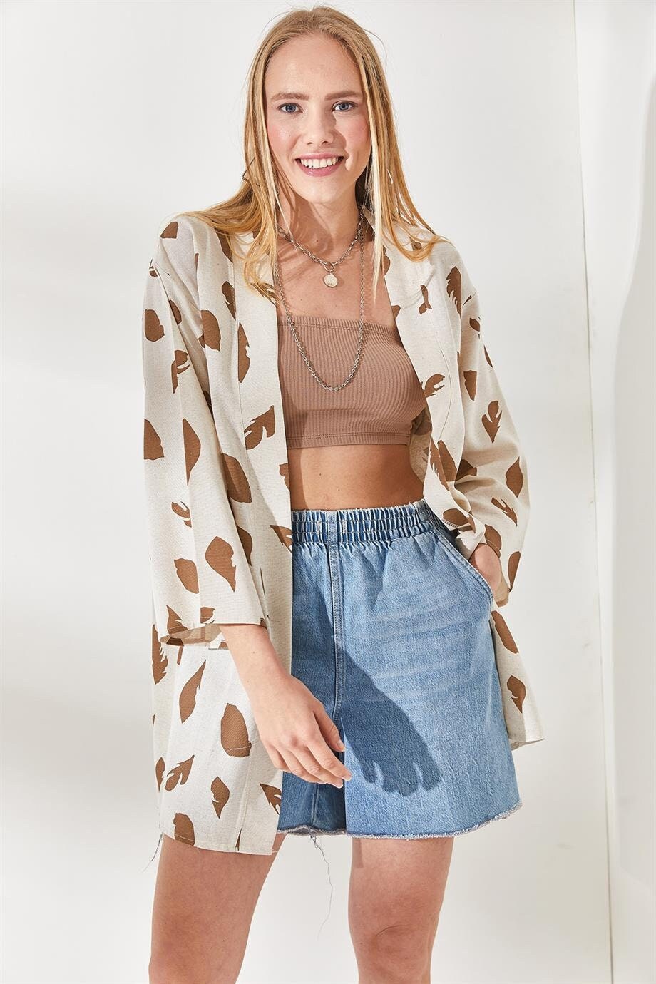 Brown Leaf Print Ivory Linen Kimono