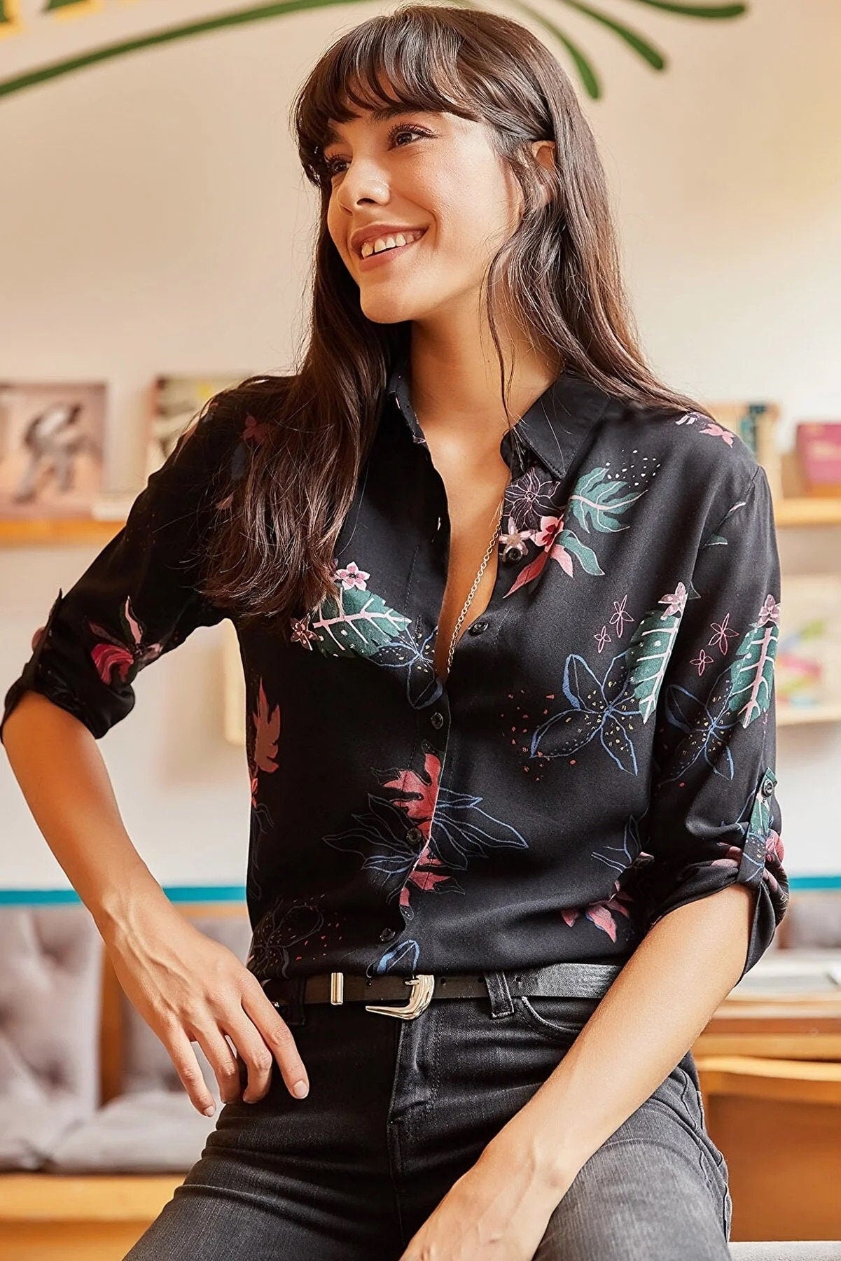 Black Floral Button Down Blouse