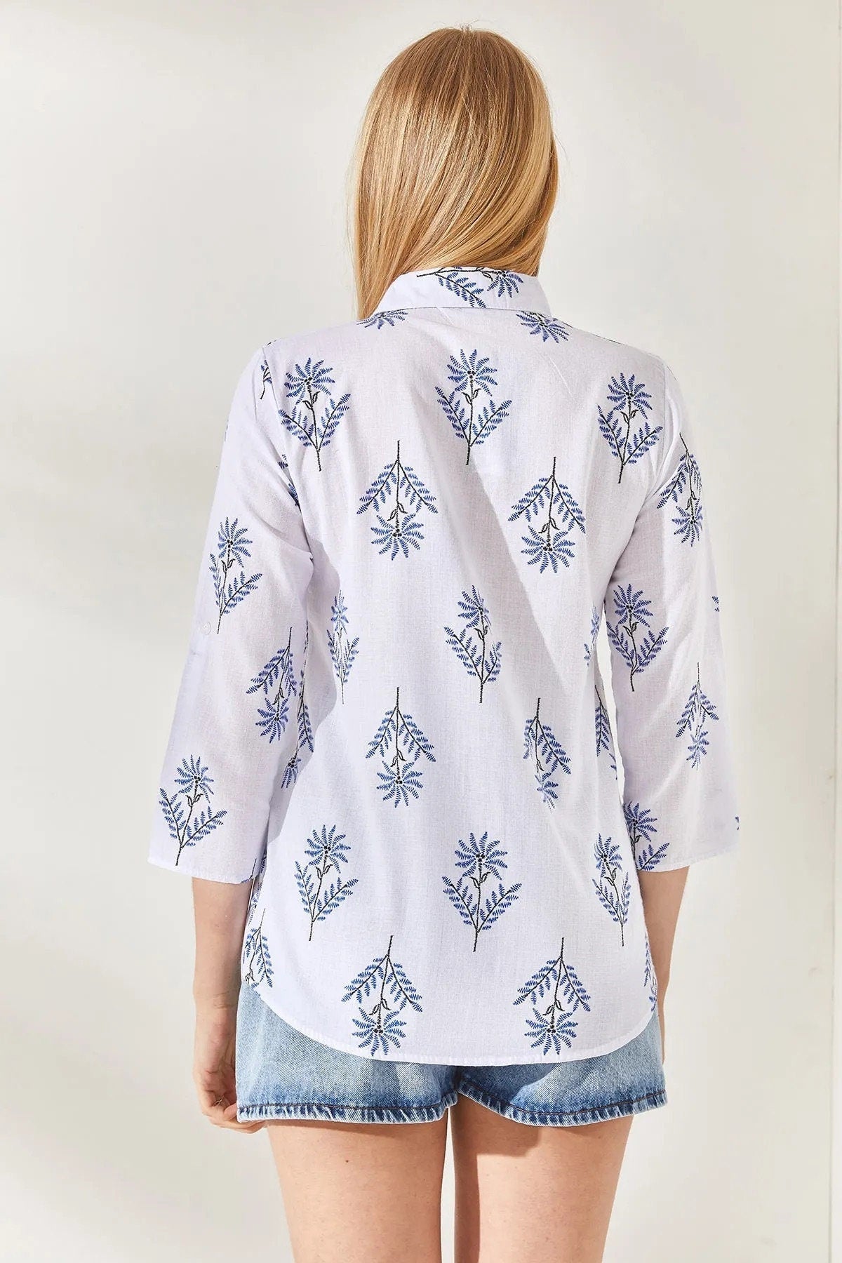 Blue Floral Designer White Linen Blouse