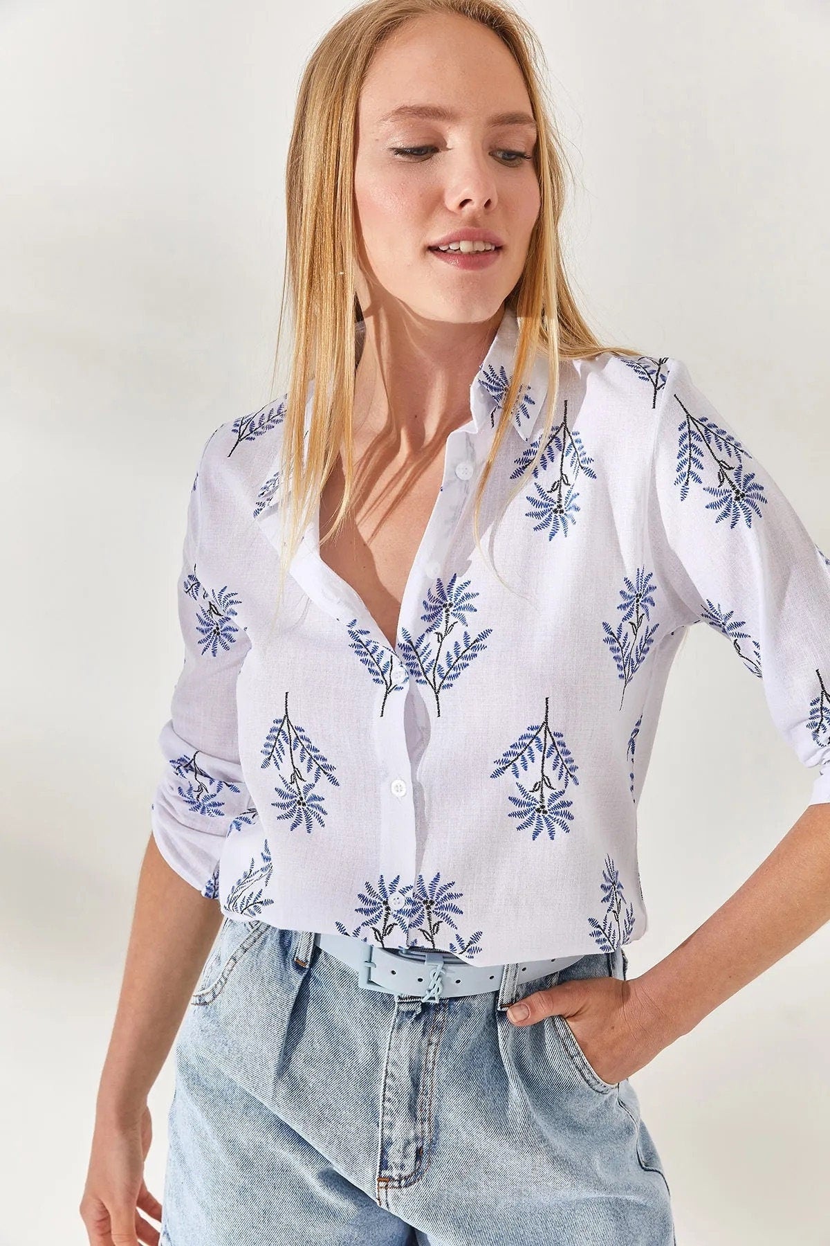 Blue Floral Designer White Linen Blouse