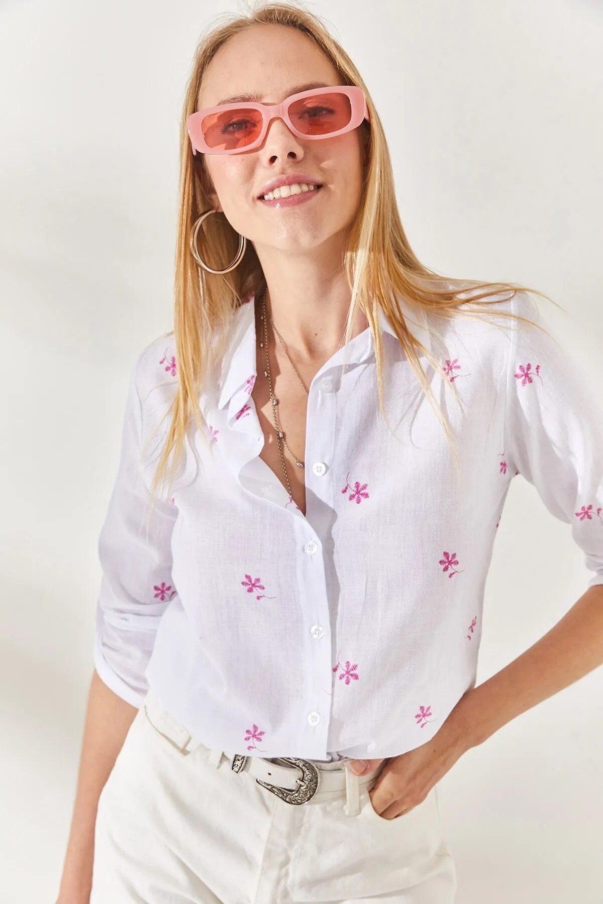 Mini Blue Floral White Linen Blouse