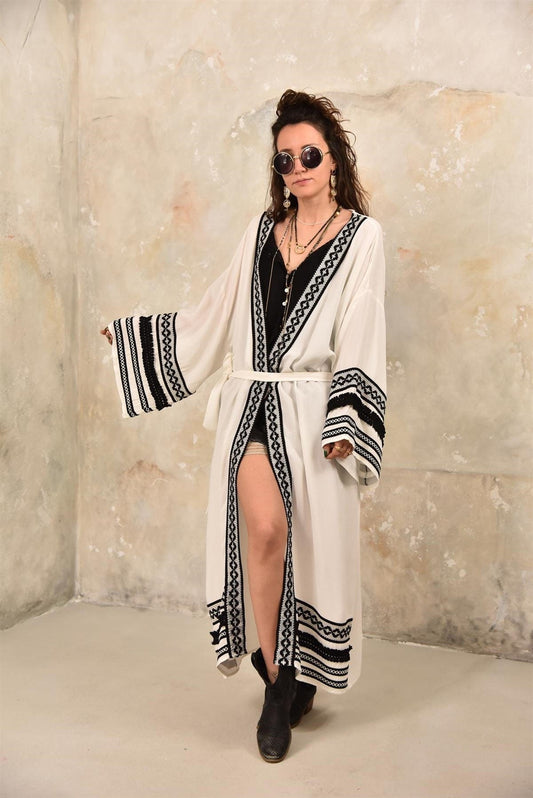 Long White Ethnic Embroidered Kimono