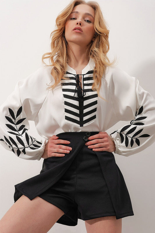 Poplin Black Embroidered White Cotton Blouse