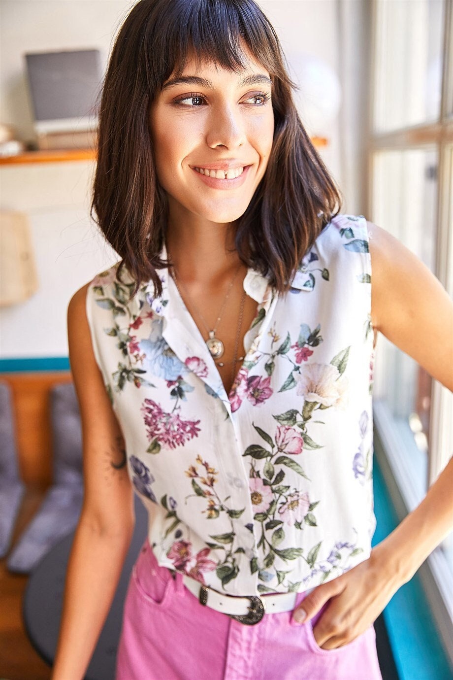 Soft Purple Floral Sleeveless Blouse