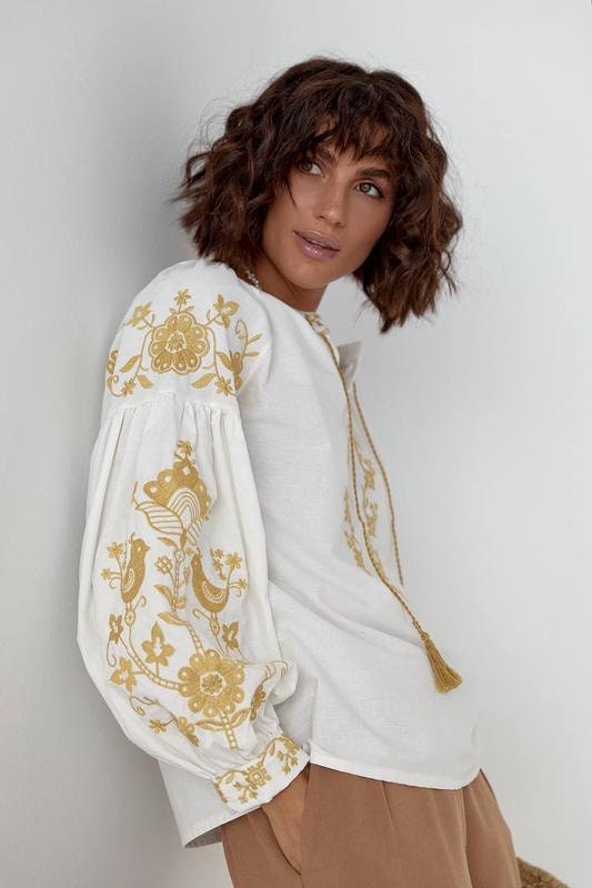 Gold Bird Floral Embroidered Cotton Blouse