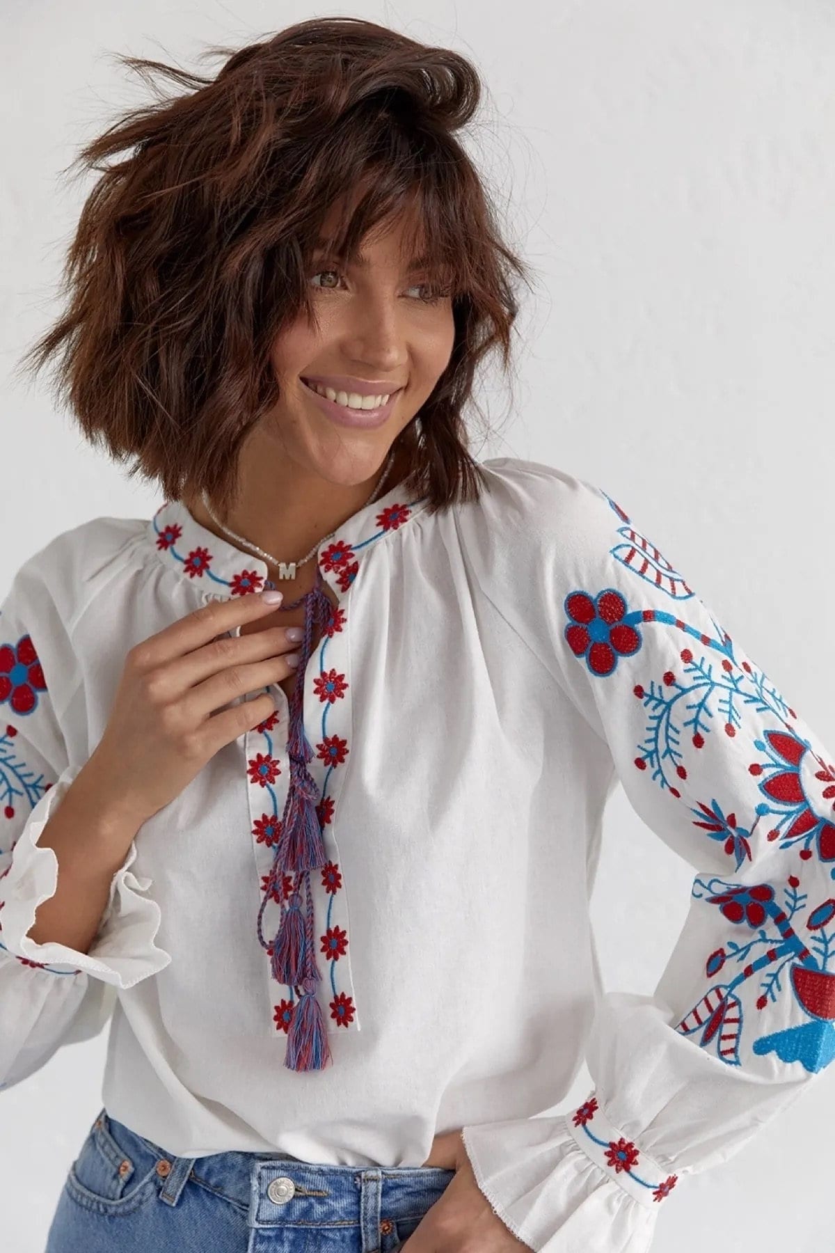 Red Blue Floral Embroidered Vyshyvanka Top