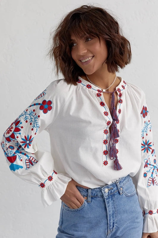 Red Blue Floral Embroidered Vyshyvanka Top