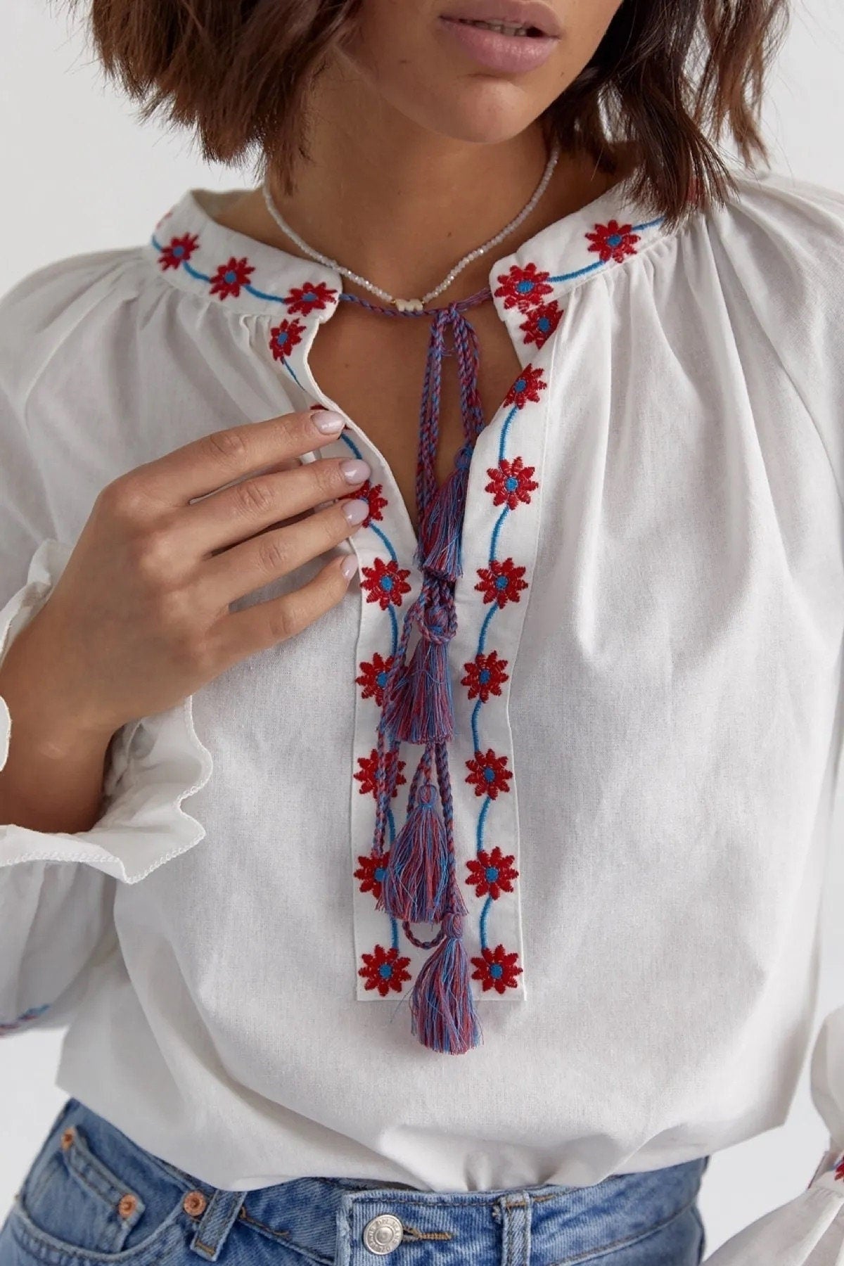 Red Blue Floral Embroidered Vyshyvanka Top