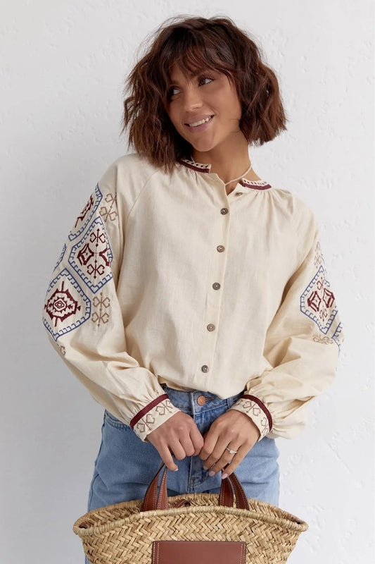 Ethnic Embroidered Linen Blouse