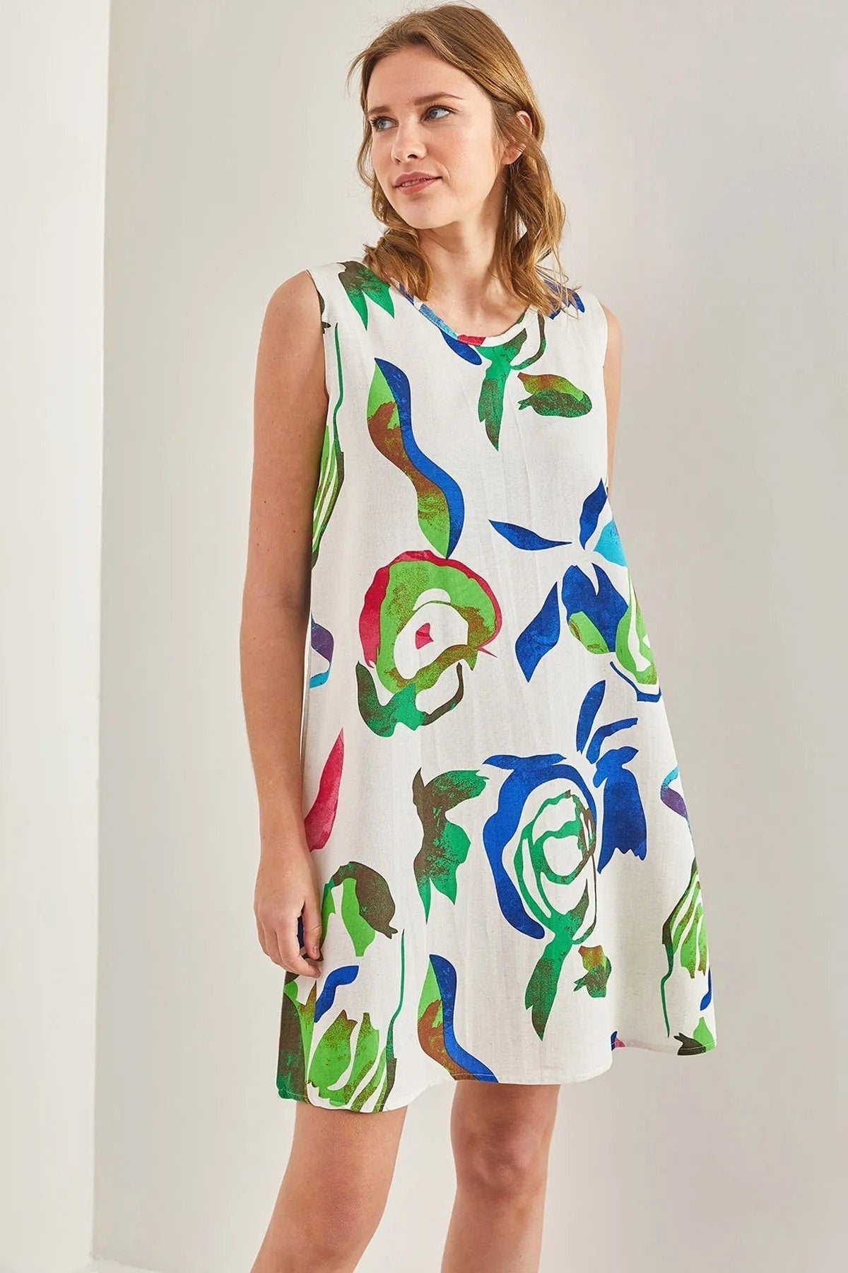 Leaf Print Designer Linen Dress