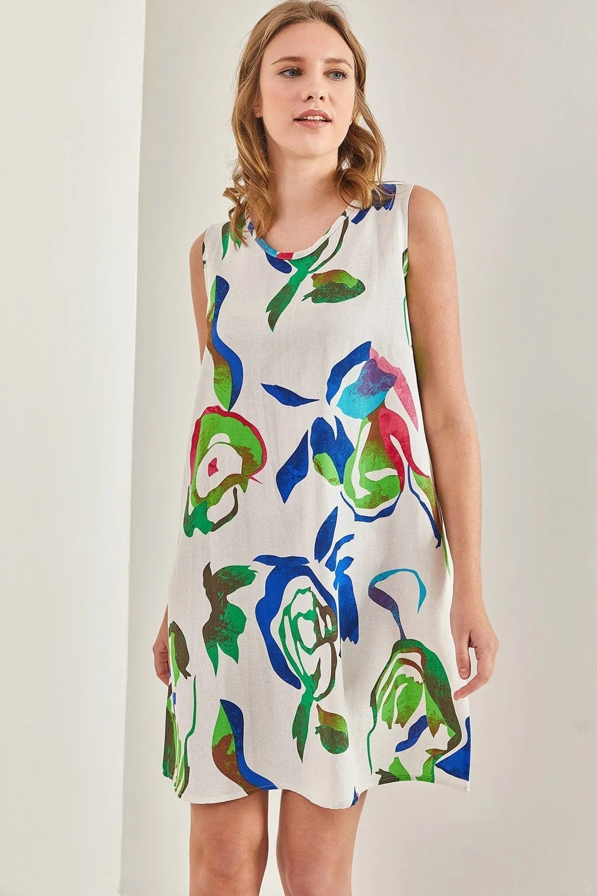 Leaf Print Designer Linen Dress