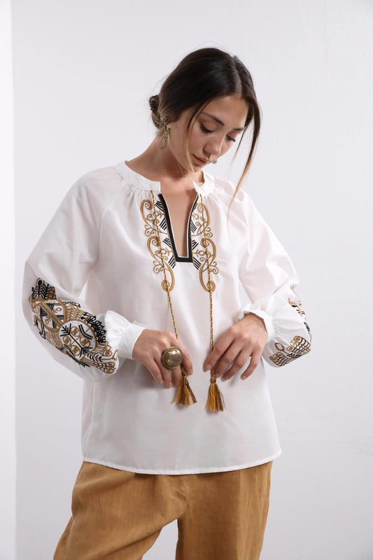 Gold Embroidered Ethnic Poplin Blouse