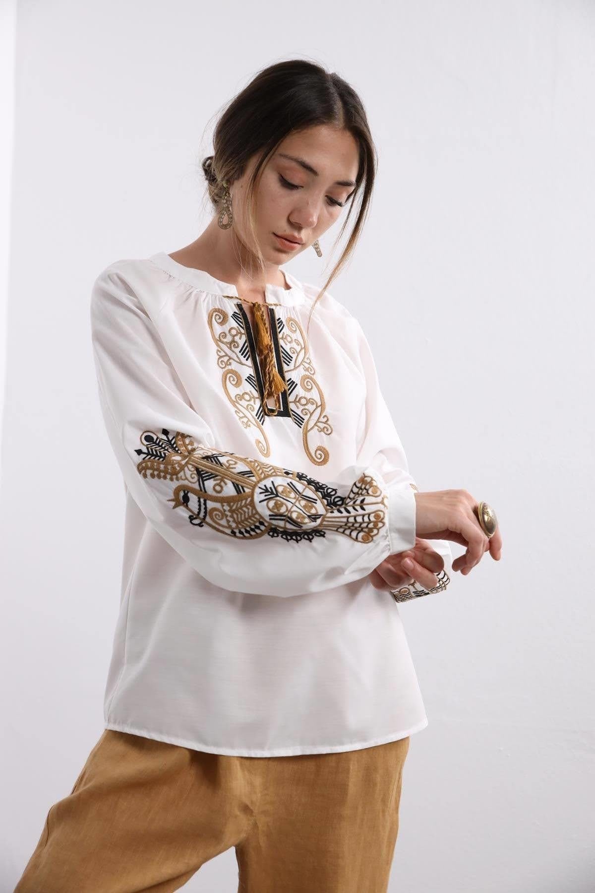 Gold Embroidered Ethnic Poplin Blouse