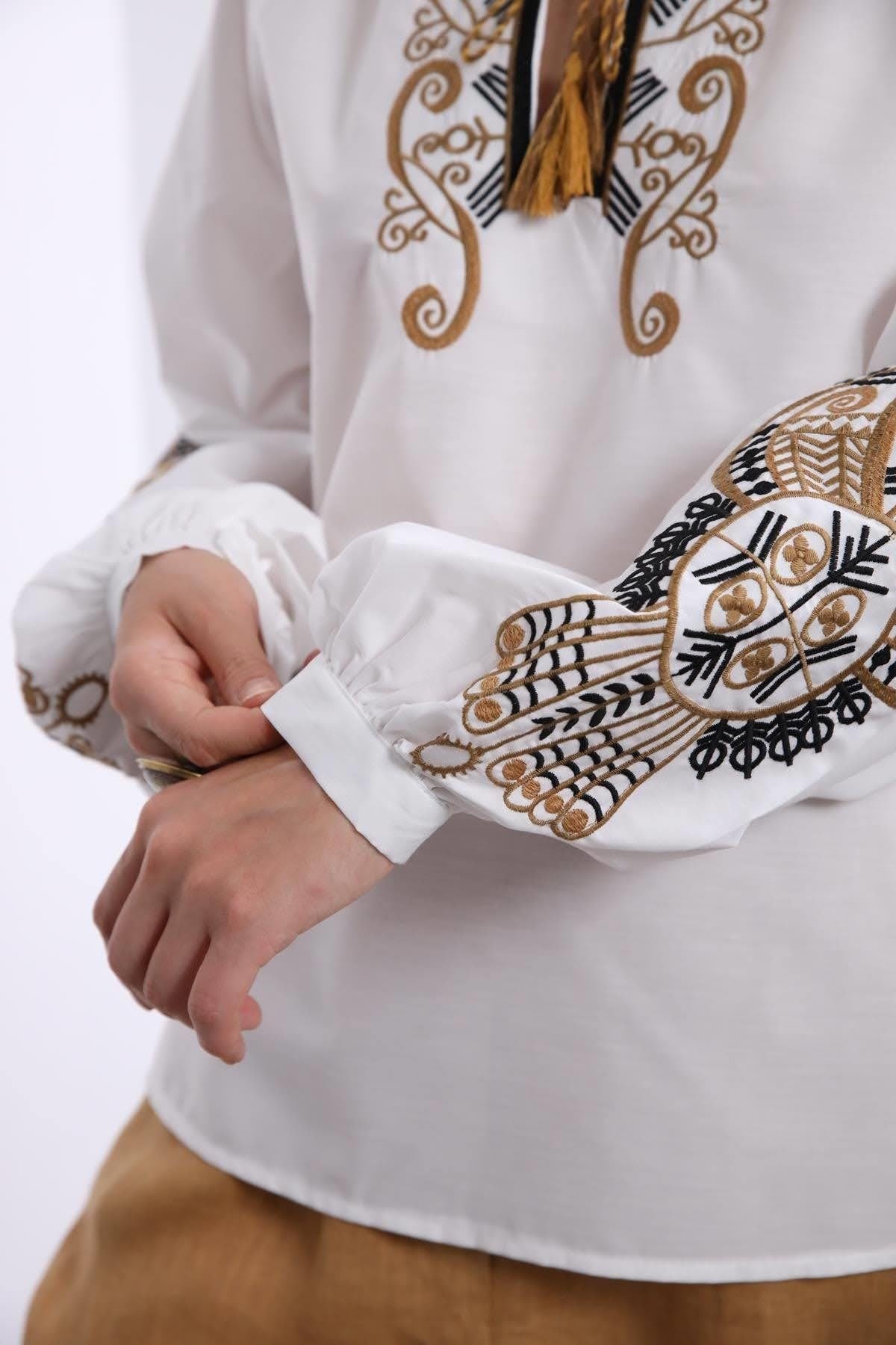 Gold Embroidered Ethnic Poplin Blouse