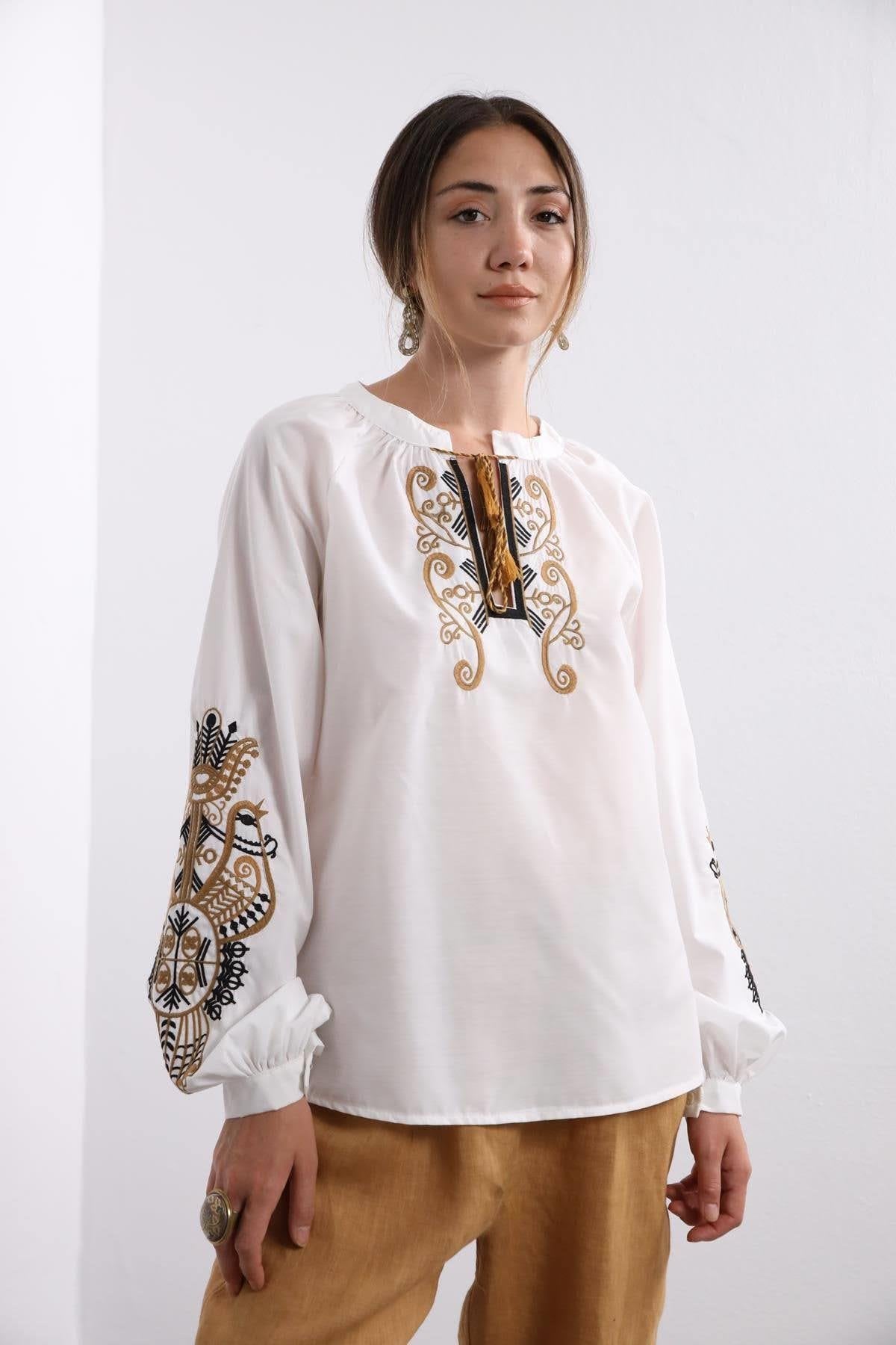 Gold Embroidered Ethnic Poplin Blouse