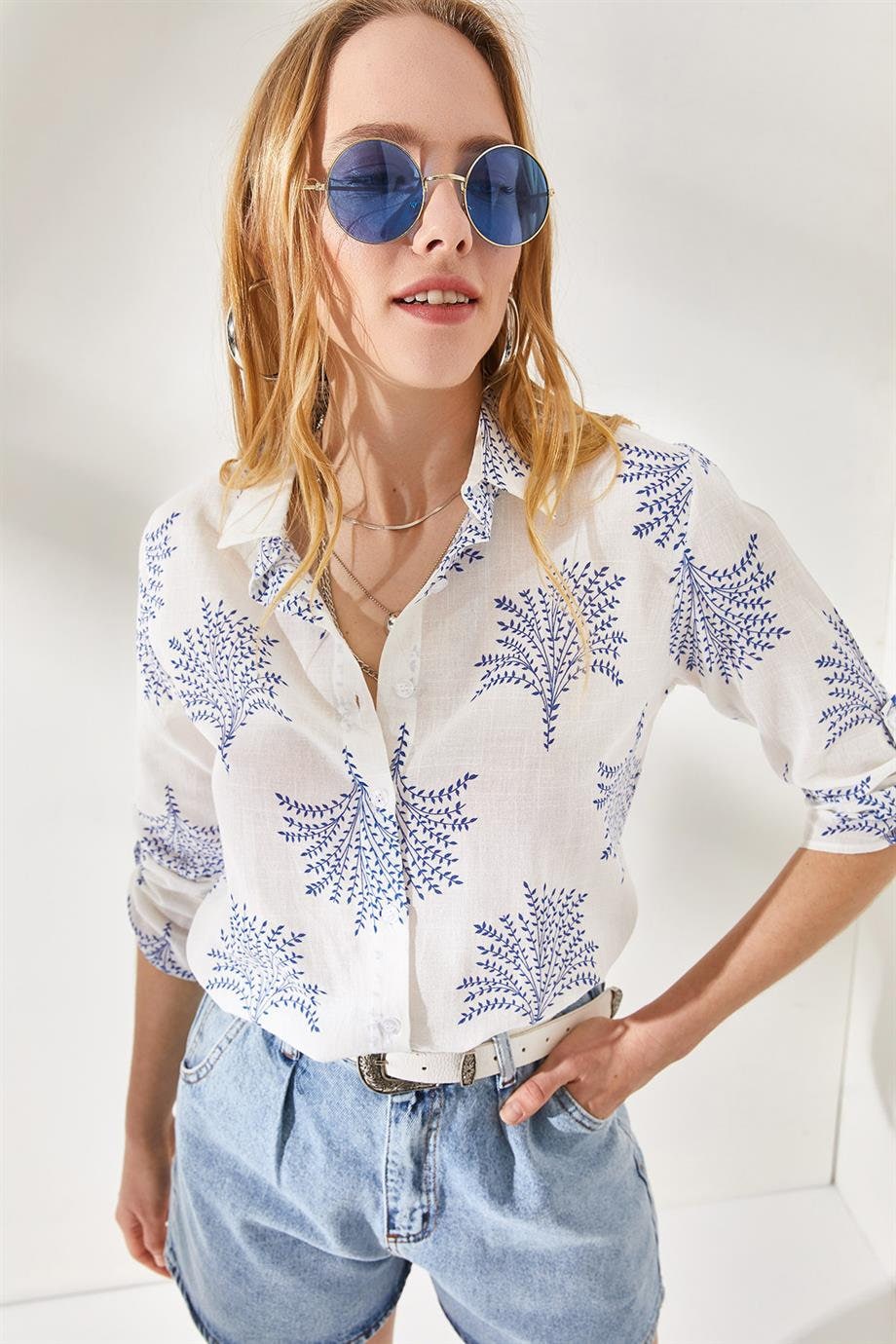 Blue Designer Linen Blouse