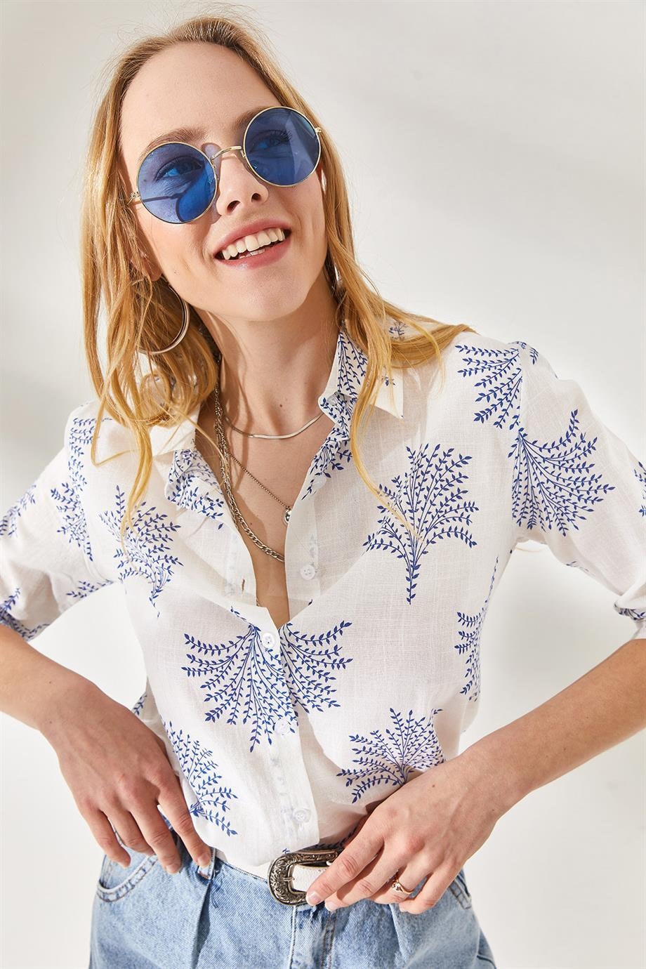 Blue Designer Linen Blouse