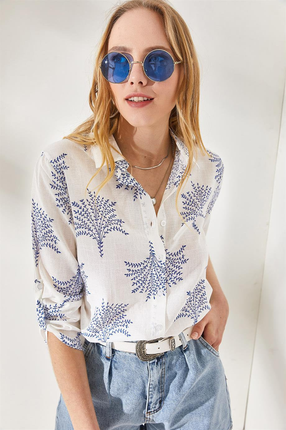 Blue Designer Linen Blouse