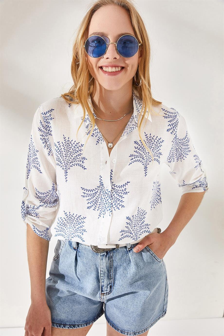 Blue Designer Linen Blouse