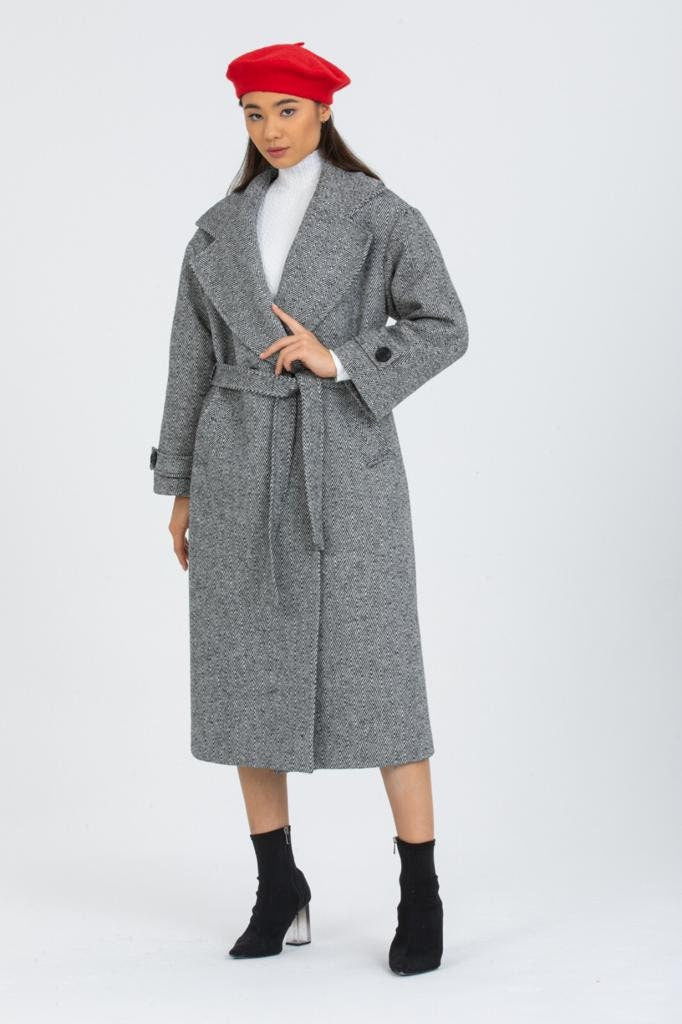 Gray Oversized Long Solid Wool Coat