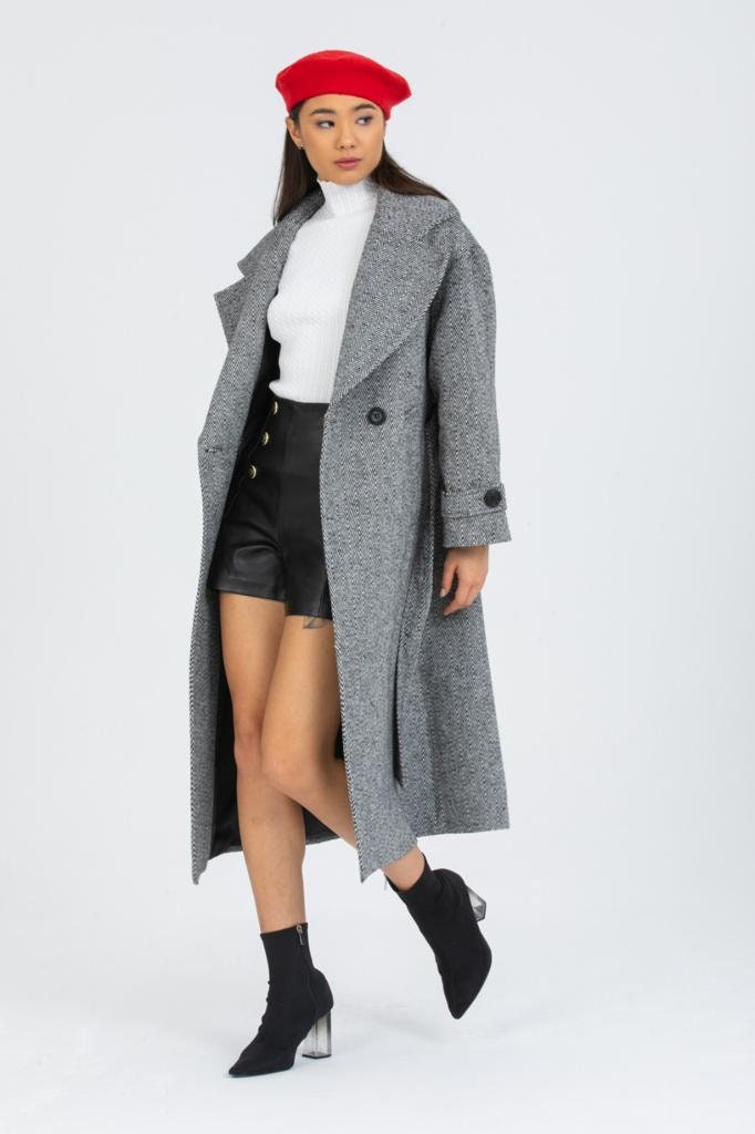 Gray Oversized Long Solid Wool Coat