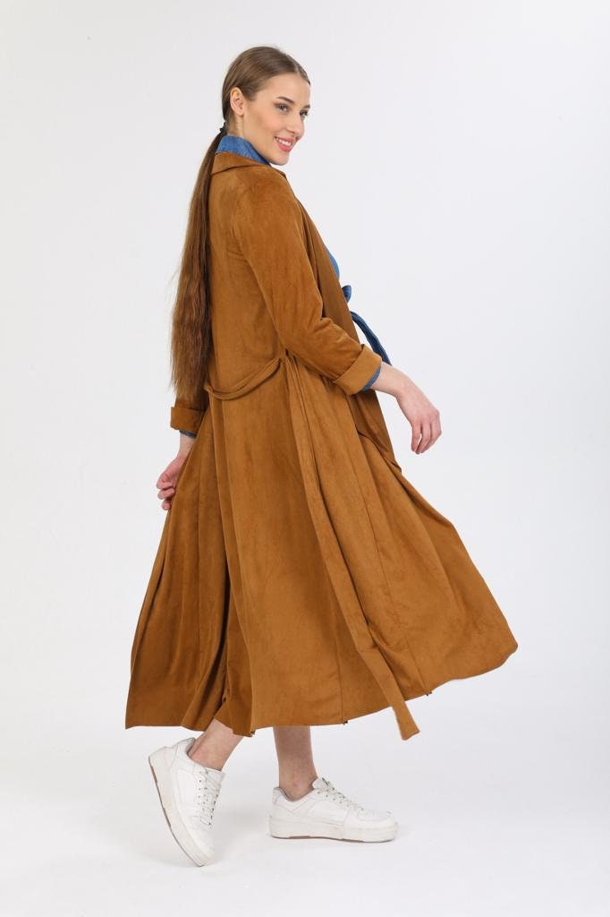 Designer Suede Leather Camel Trench Coat