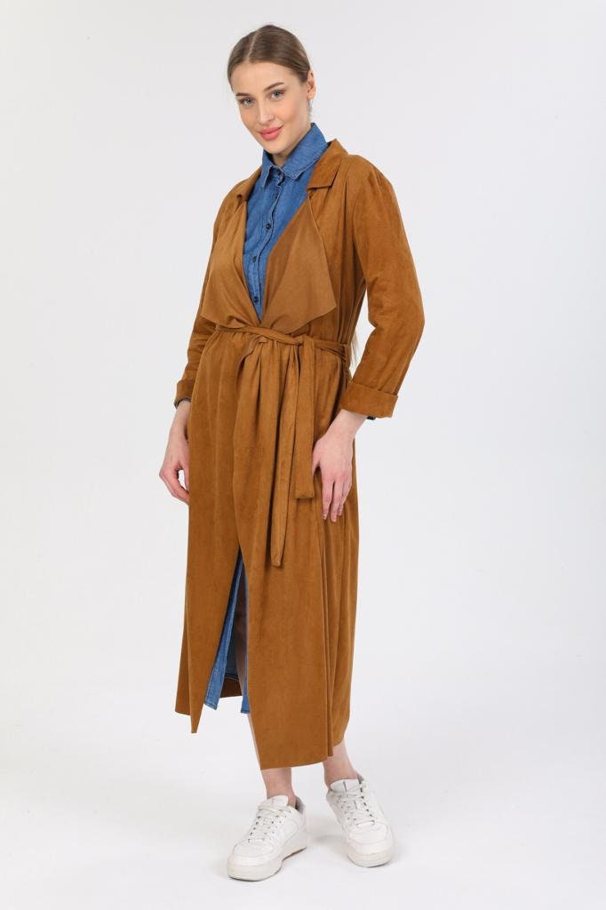 Designer Suede Leather Camel Trench Coat