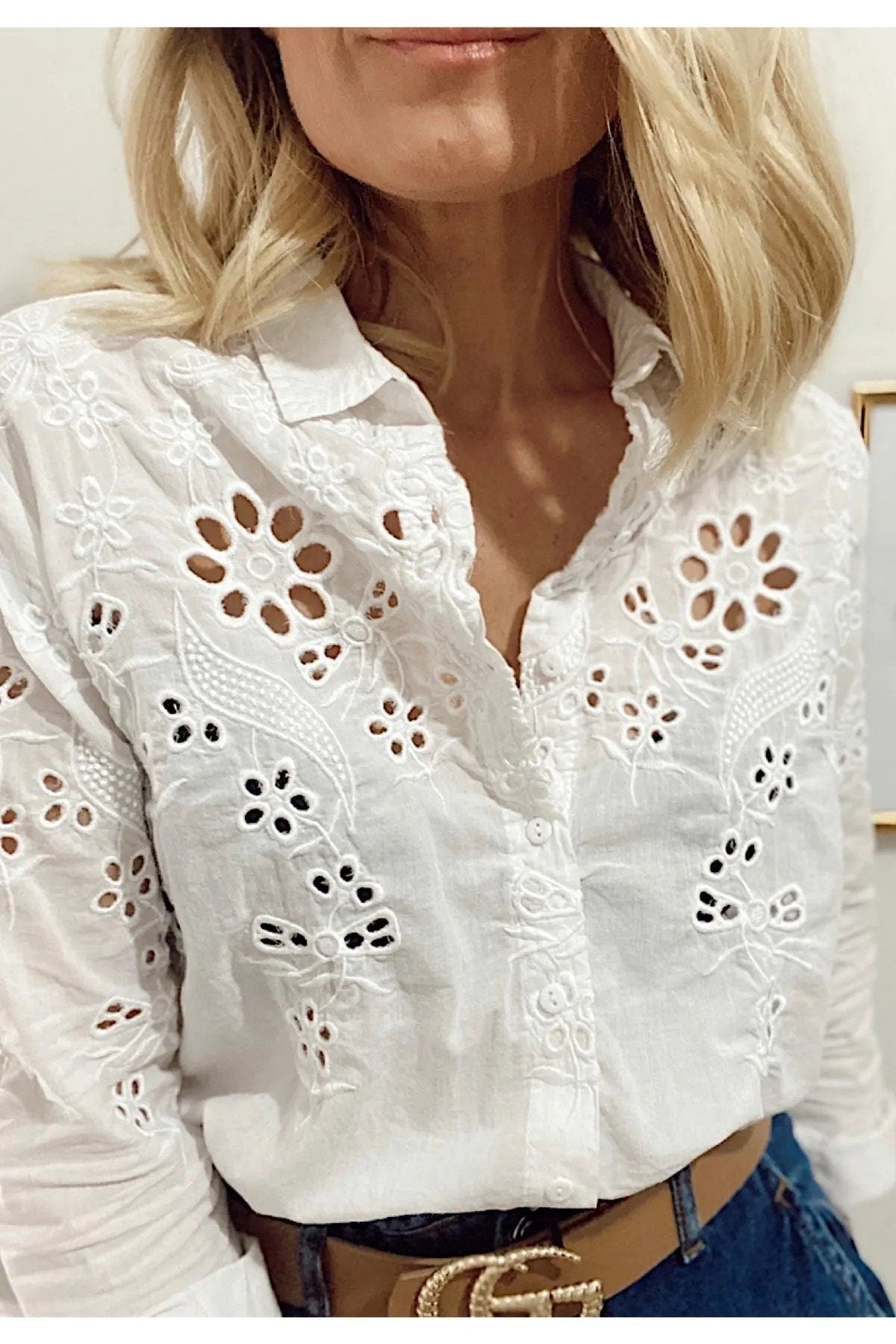 Breezy Elegance Cotton Eyelet Shirt