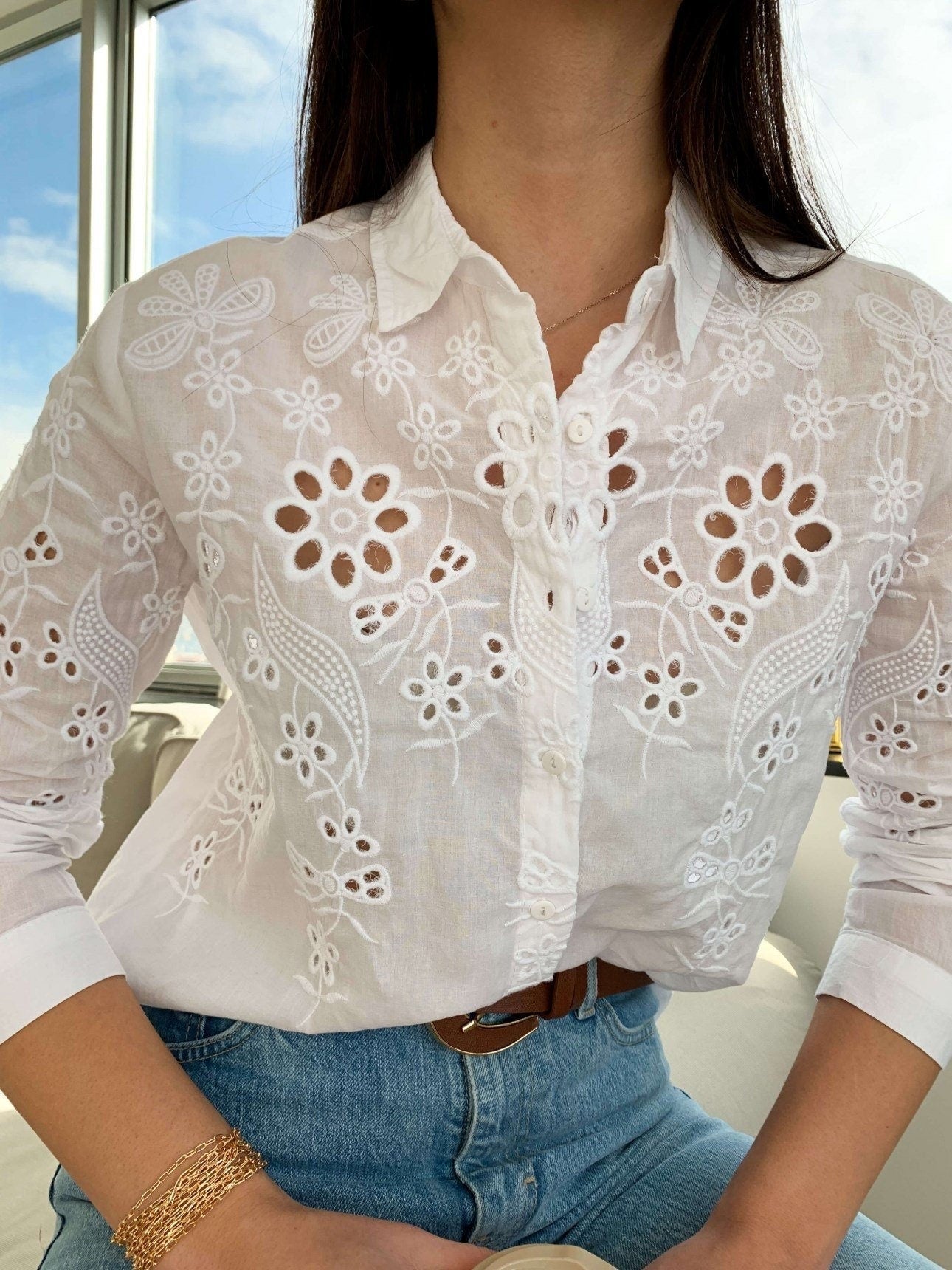 Breezy Elegance Cotton Eyelet Shirt