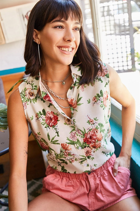 Ecru Floral Sleeveless Blouse