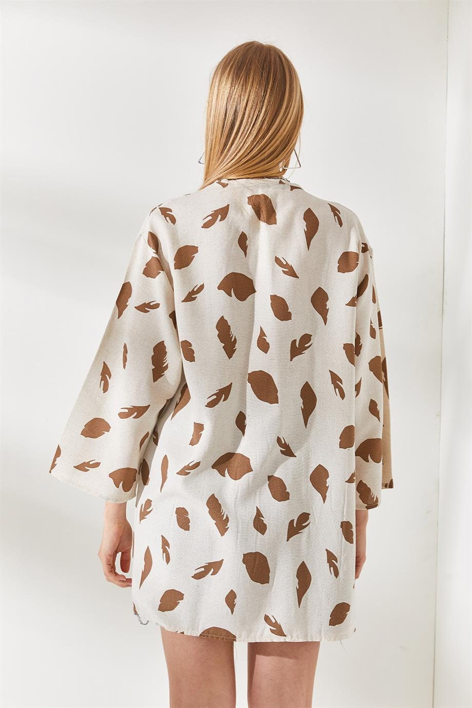 Brown Leaf Print Ivory Linen Kimono